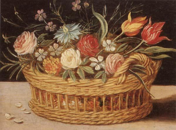 unknow artist Still life of roses,tulips,chyrsanthemums and cornflowers,in a wicker basket,upon a ledge Norge oil painting art